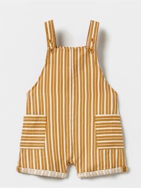 Zara Boy Linen Striped Mustard Short Overalls. 4-5